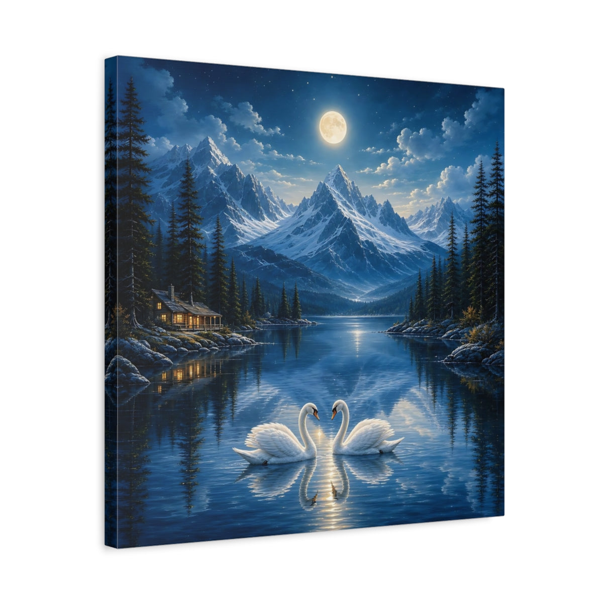 Side Mockup 5. Nature Swans Blue Moonlit Swans shown as stretched canvas wall art
