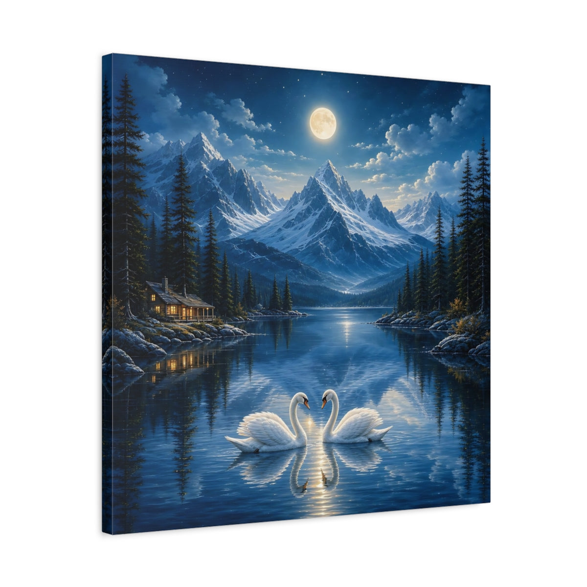 Side Mockup 4. Nature Swans Blue Moonlit Swans shown as stretched canvas wall art
