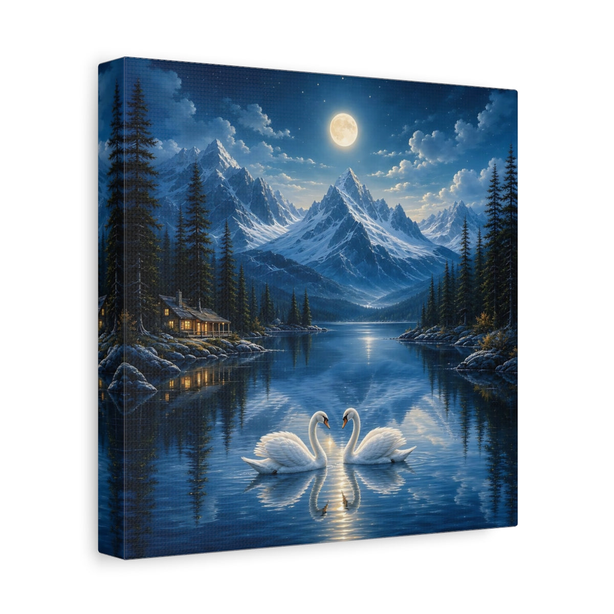 Side Mockup 9. Nature Swans Blue Moonlit Swans shown as stretched canvas wall art