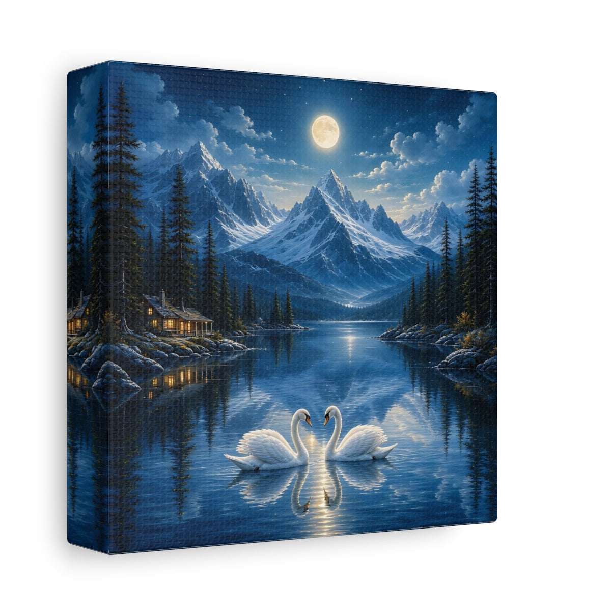 Side Mockup 2. Nature Swans Blue Moonlit Swans shown as stretched canvas wall art
