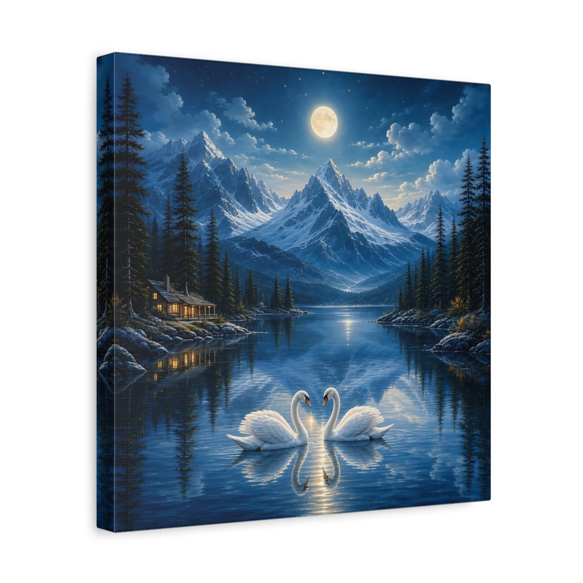 Side Mockup 7. Nature Swans Blue Moonlit Swans shown as stretched canvas wall art