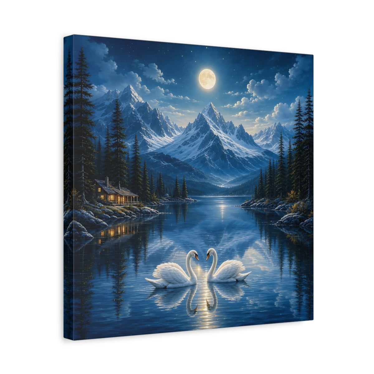 Side Mockup 6. Nature Swans Blue Moonlit Swans shown as stretched canvas wall art