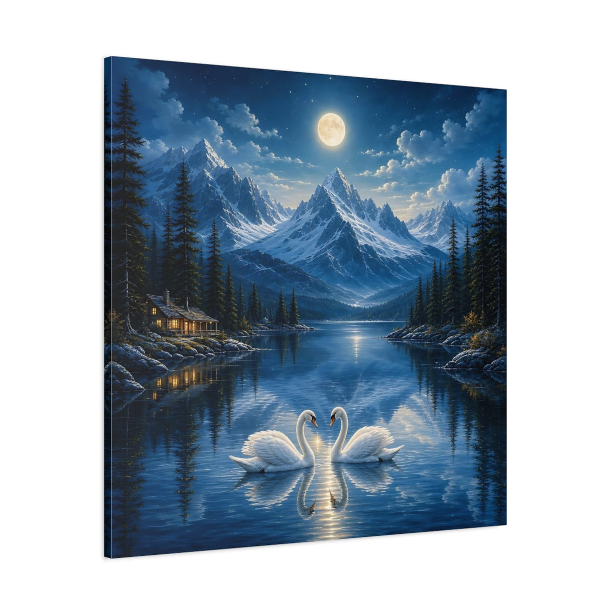 Side Mockup 1. Nature Swans Blue Moonlit Swans shown as stretched canvas wall art