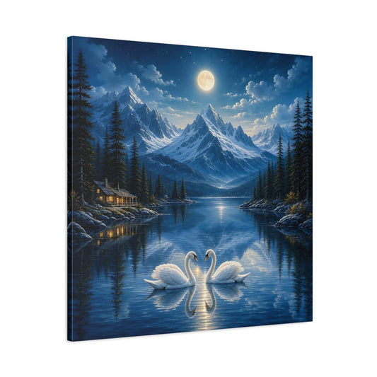 Main Mockup. Nature Swans Blue Moonlit Swans shown as stretched canvas wall art
