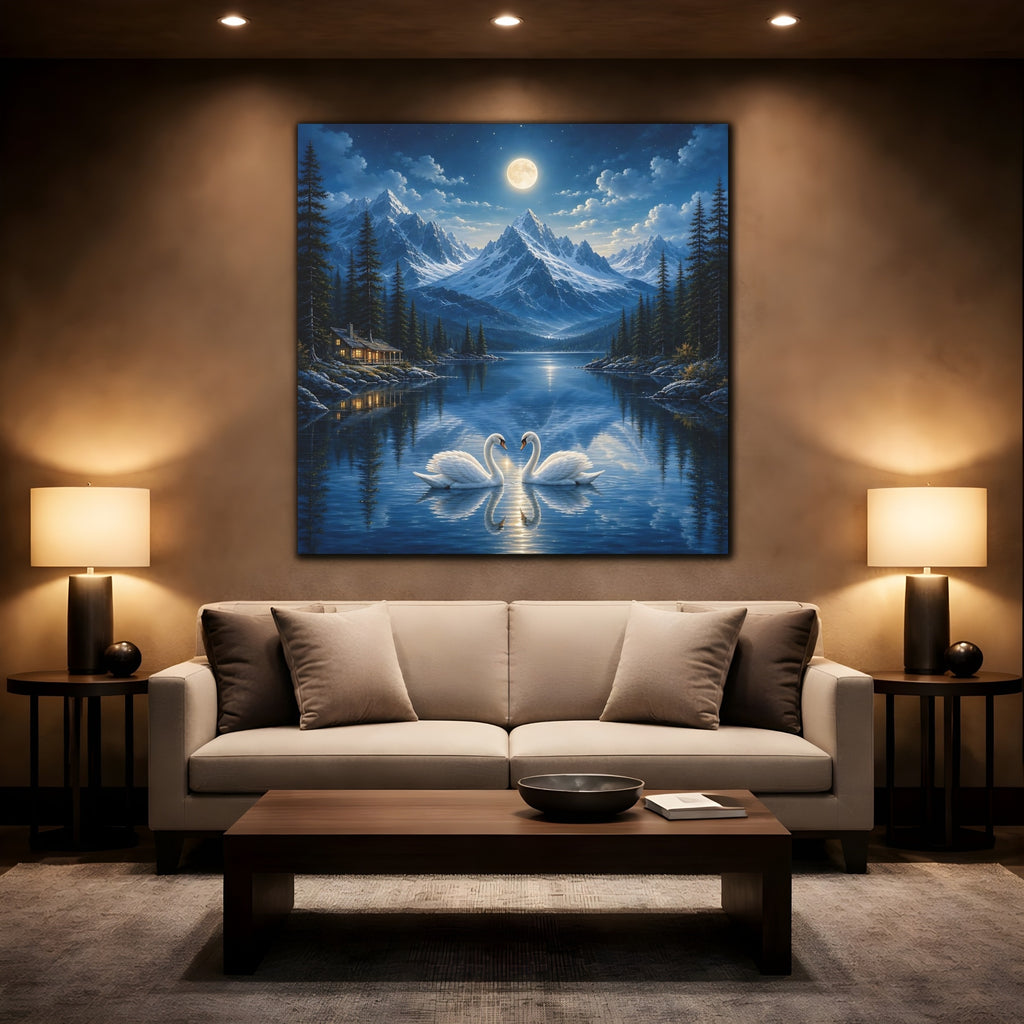 Mockup 2. Nature Swans Blue Moonlit Swans shown as stretched canvas wall art