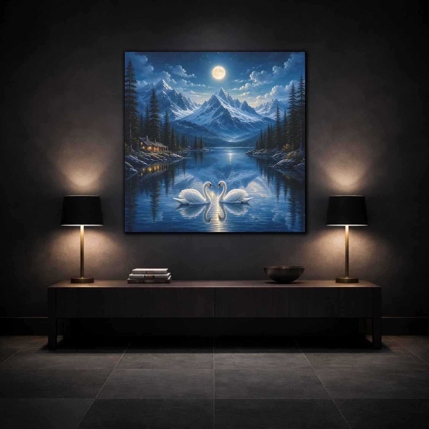 Mockup 3. Nature Swans Blue Moonlit Swans shown as stretched canvas wall art