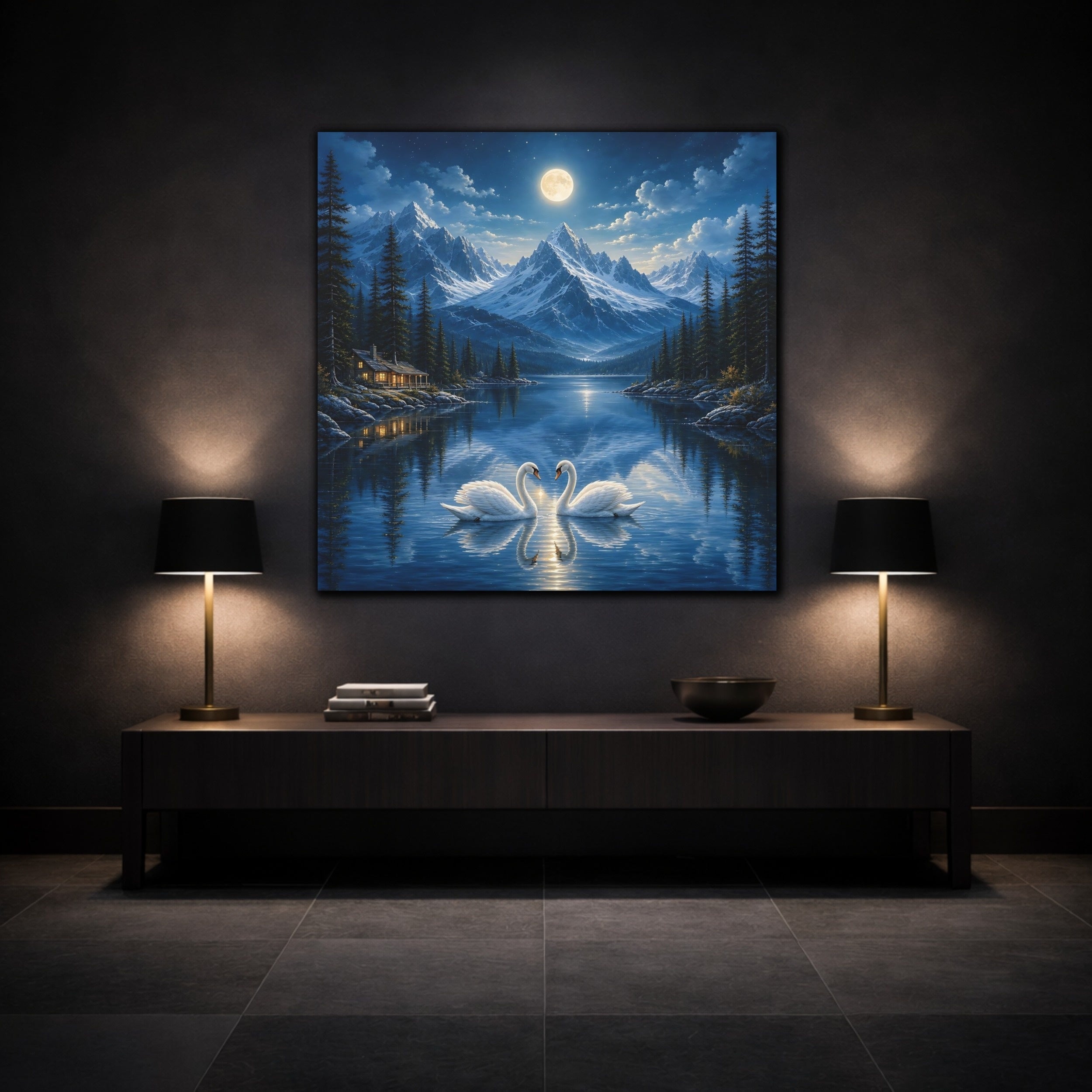 Mockup 3. Nature Swans Blue Moonlit Swans shown as stretched canvas wall art