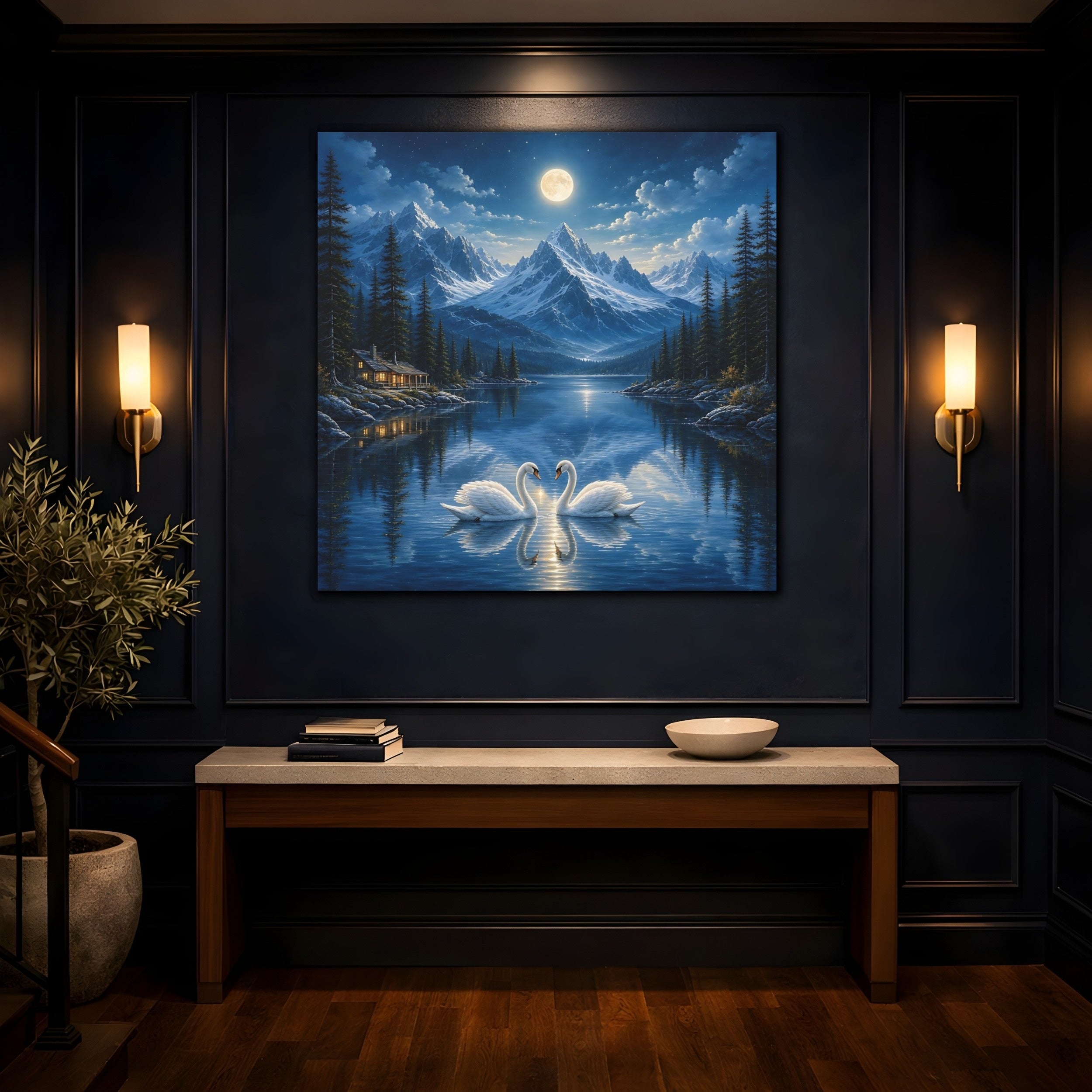 Mockup 4. Nature Swans Blue Moonlit Swans shown as stretched canvas wall art