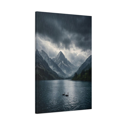 Main Mockup. Nature Swans Dark Blue Landscape shown as stretched canvas wall art