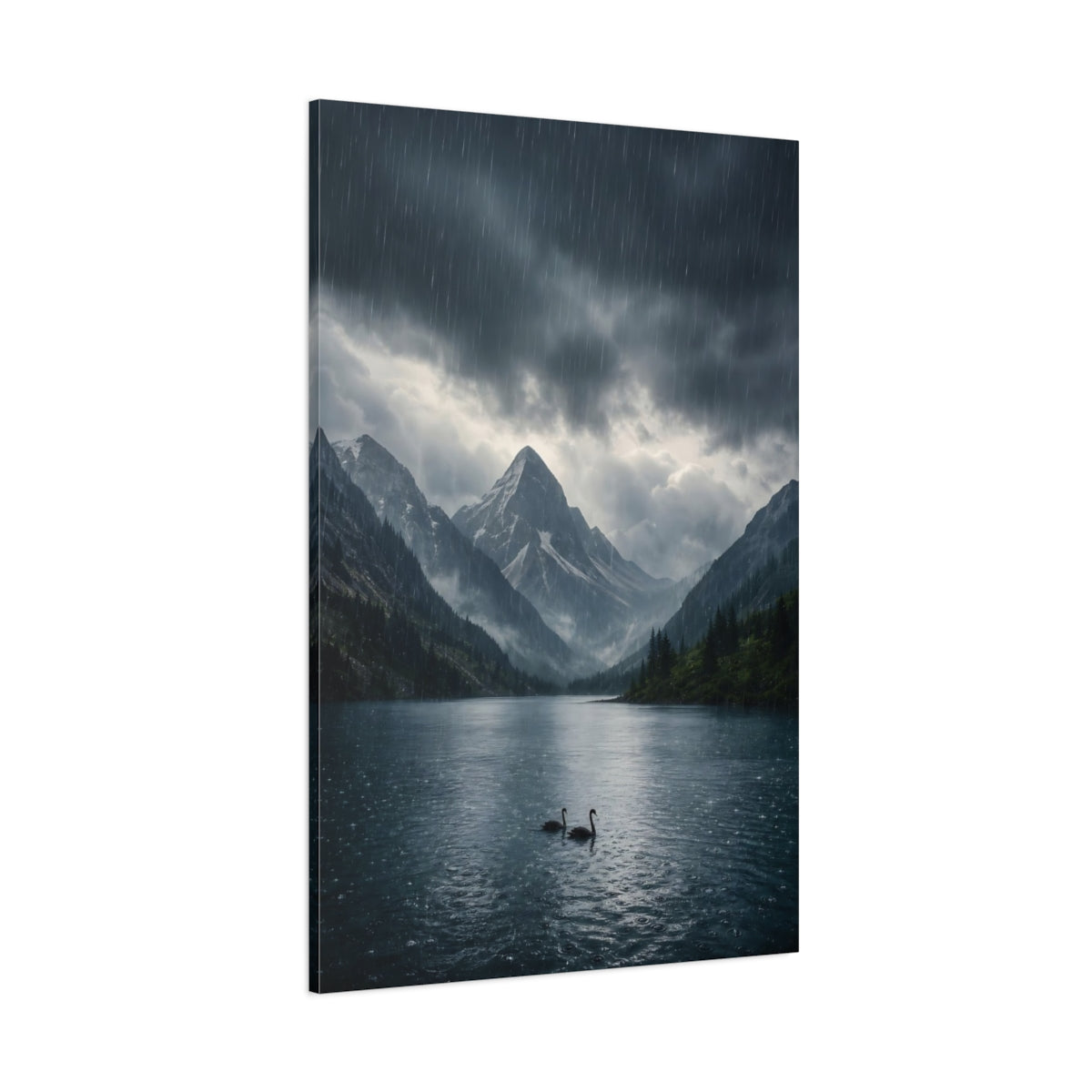 Side Mockup 1. Nature Swans Dark Blue Landscape shown as stretched canvas wall art