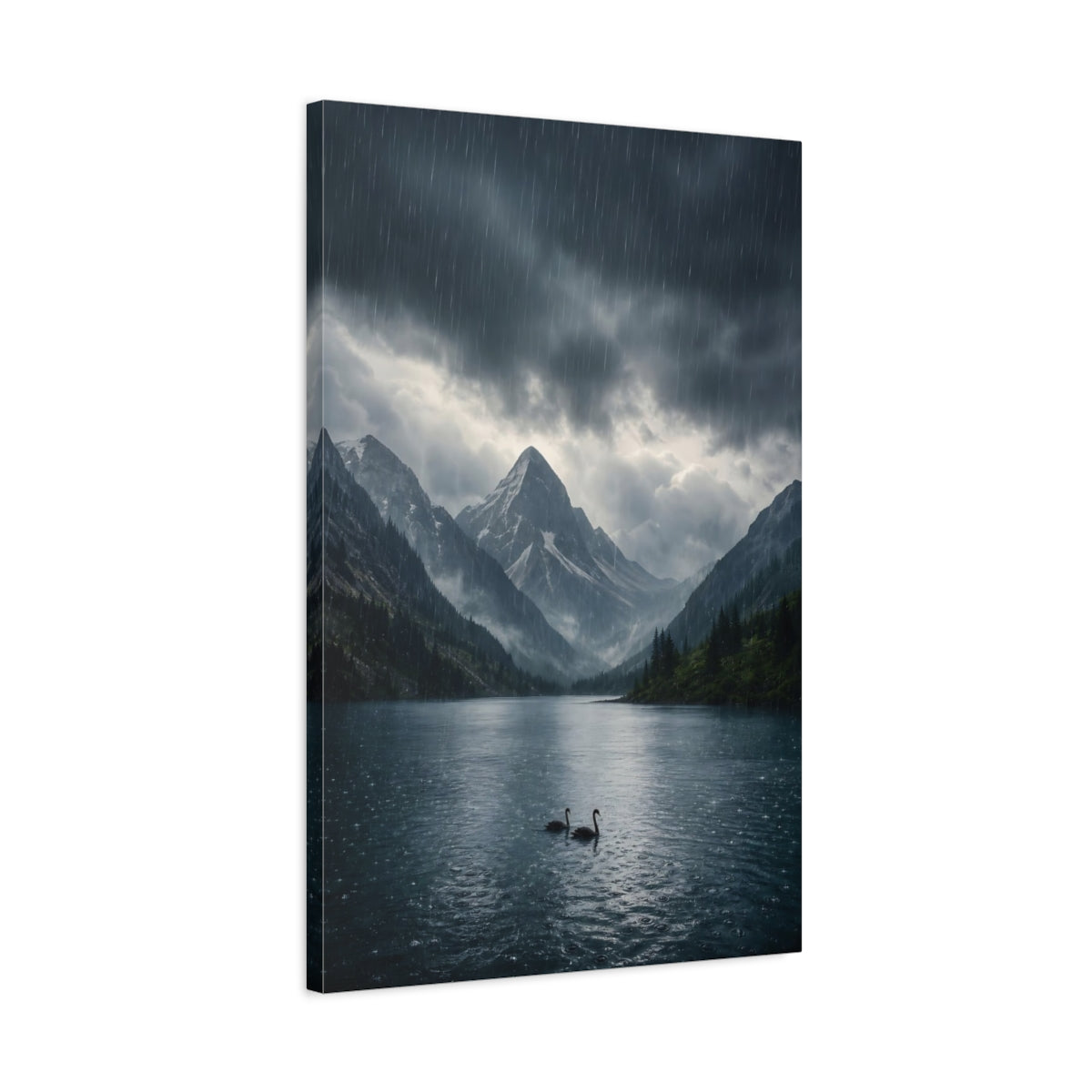 Side Mockup 2. Nature Swans Dark Blue Landscape shown as stretched canvas wall art