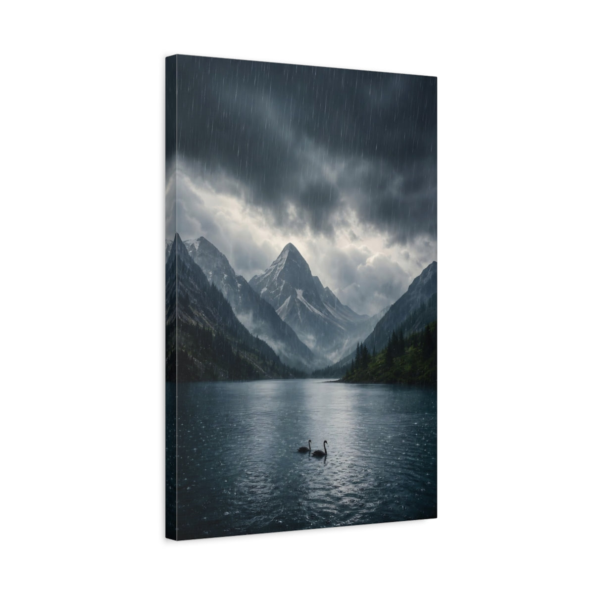 Side Mockup 3. Nature Swans Dark Blue Landscape shown as stretched canvas wall art