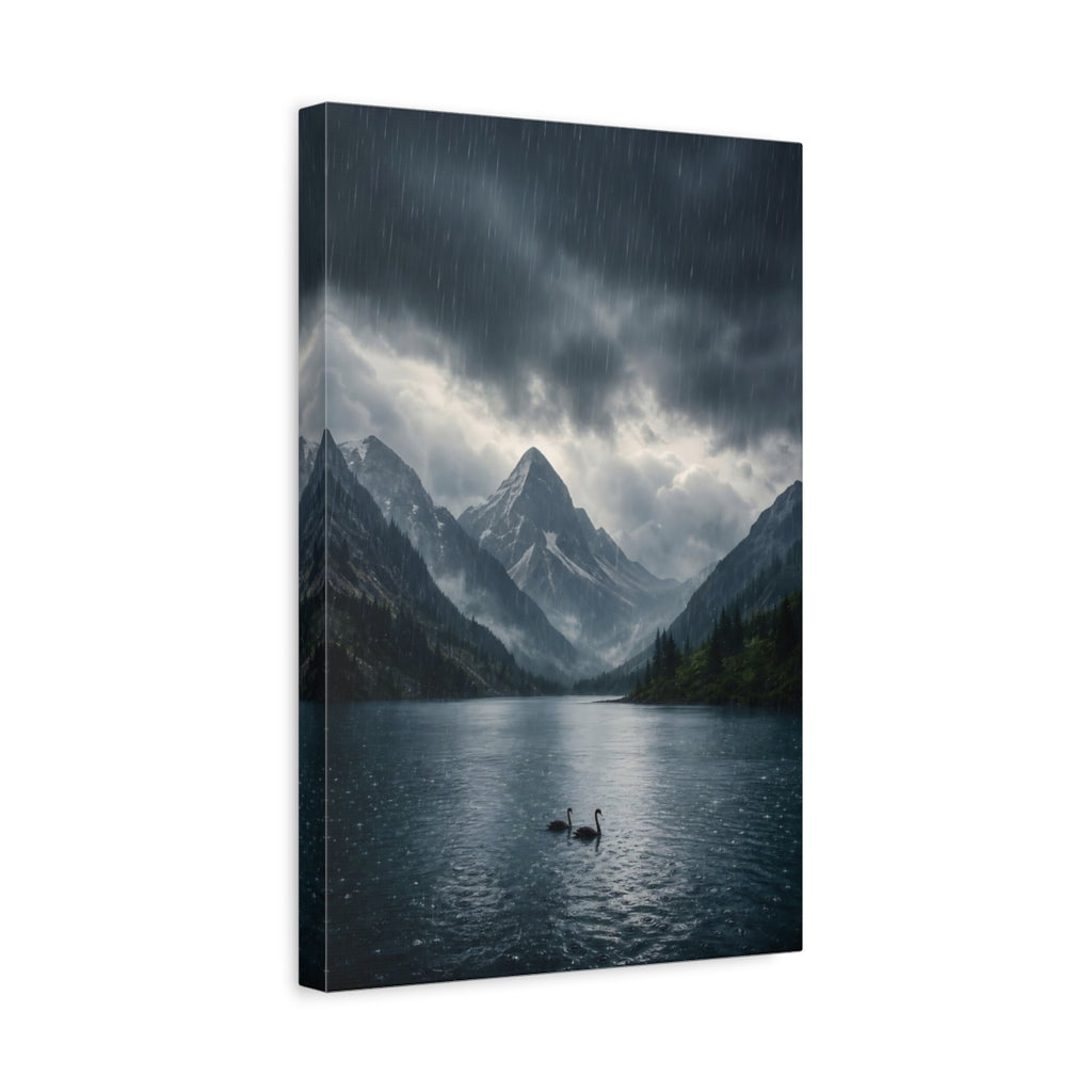 Side Mockup 4. Nature Swans Dark Blue Landscape shown as stretched canvas wall art