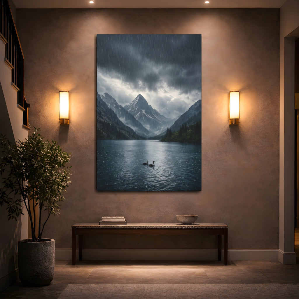 Mockup 2. Nature Swans Dark Blue Landscape shown as stretched canvas wall art