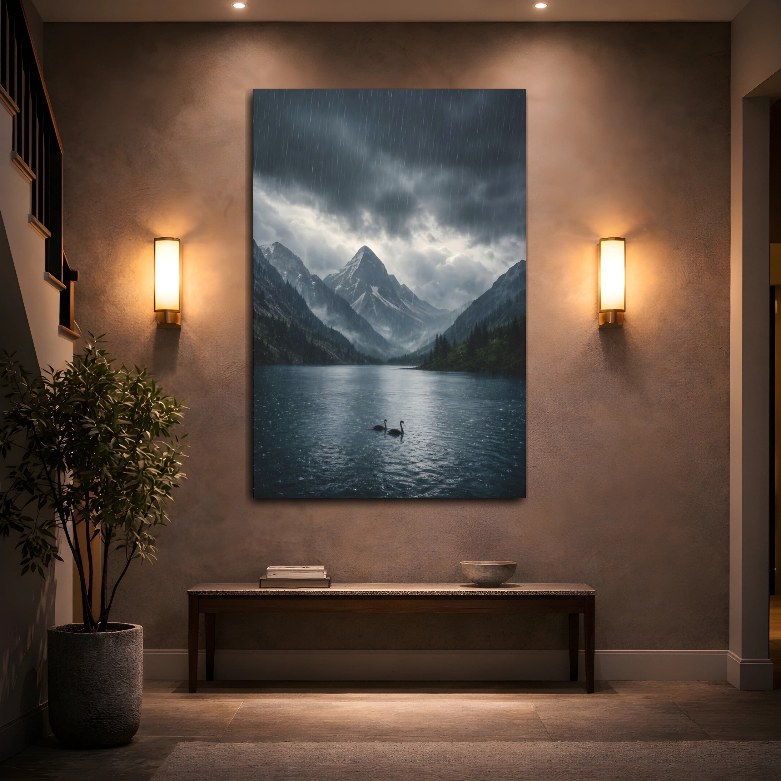 Mockup 2. Nature Swans Dark Blue Landscape shown as stretched canvas wall art