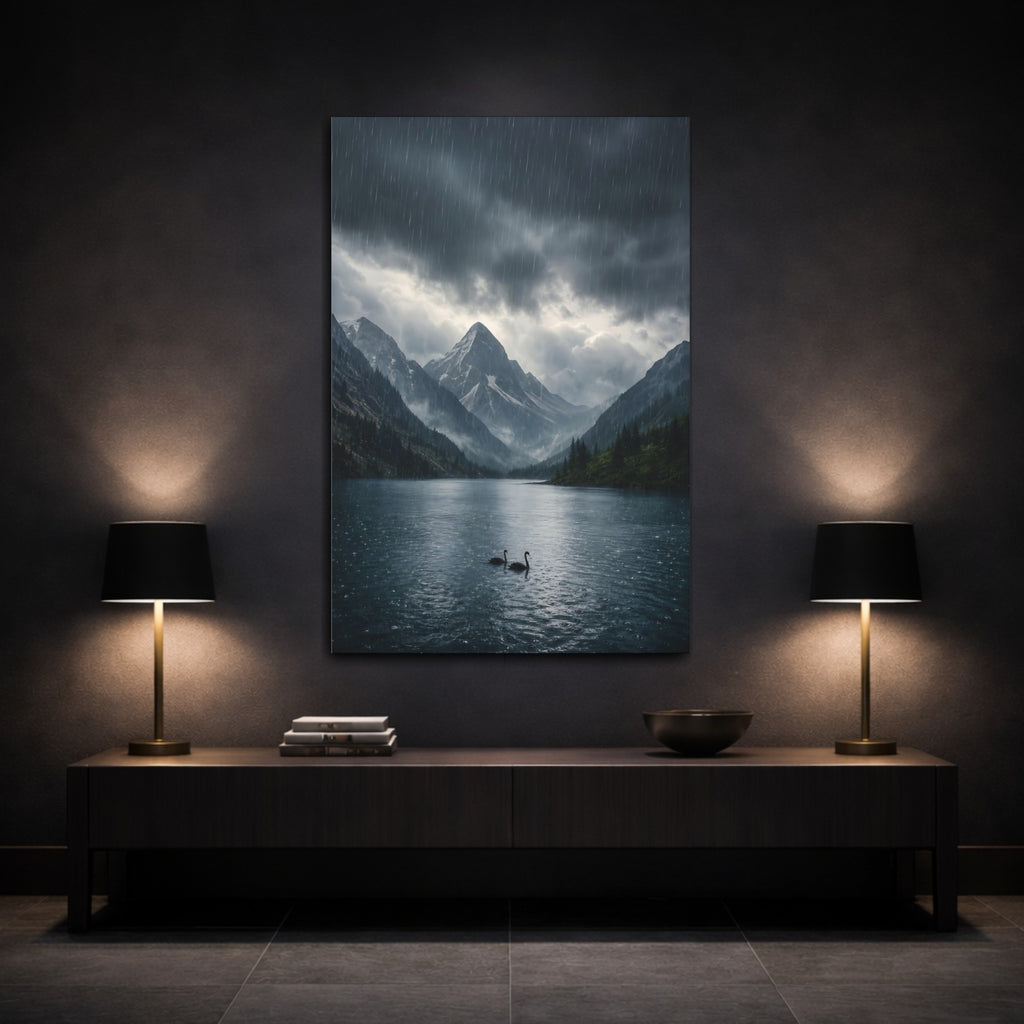 Mockup 3. Nature Swans Dark Blue Landscape shown as stretched canvas wall art