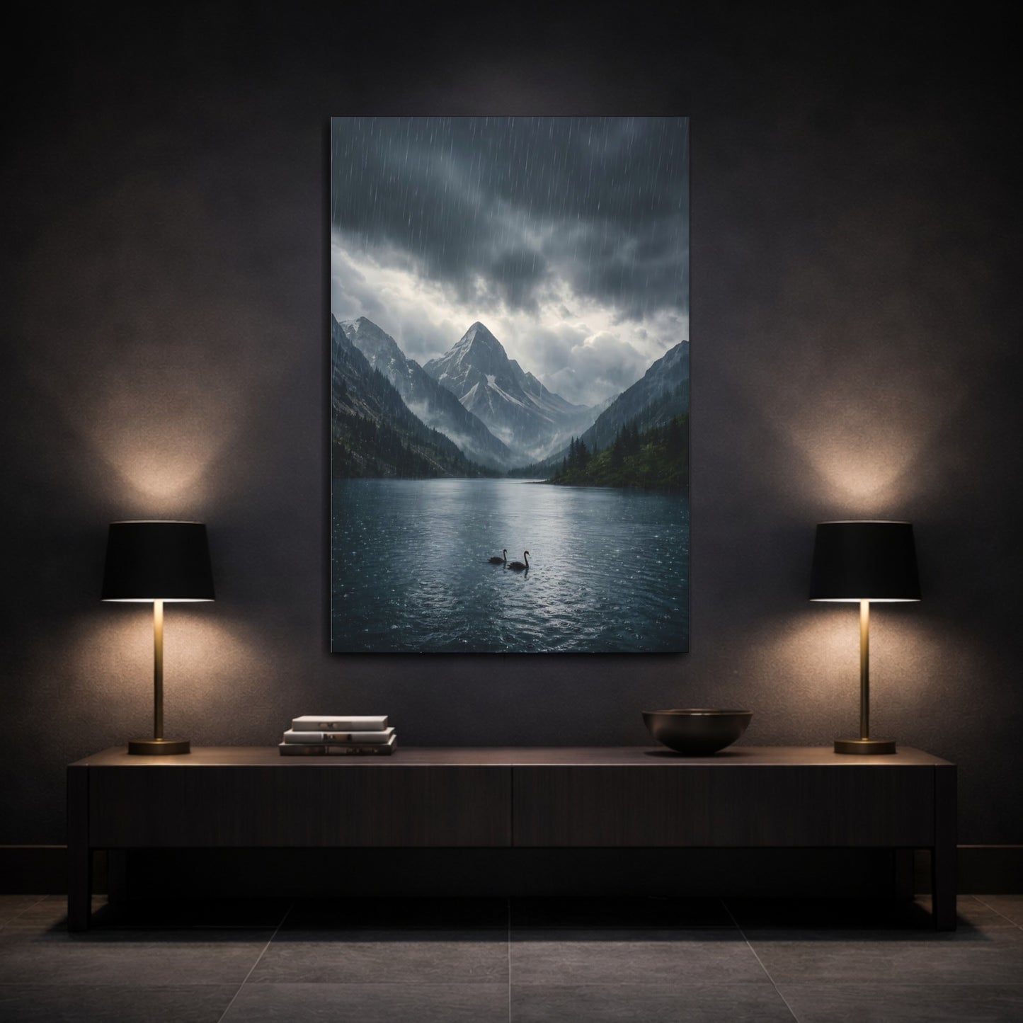 Mockup 3. Nature Swans Dark Blue Landscape shown as stretched canvas wall art