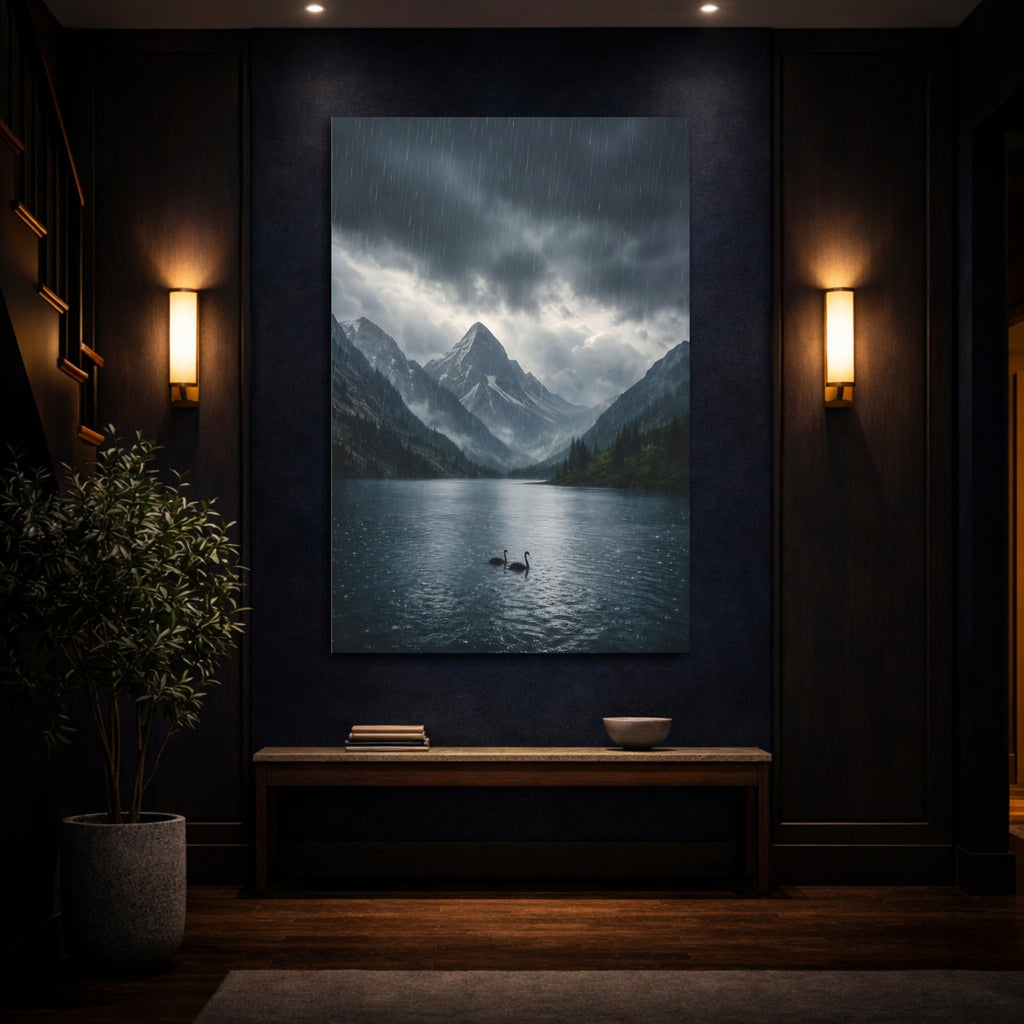 Mockup 4. Nature Swans Dark Blue Landscape shown as stretched canvas wall art