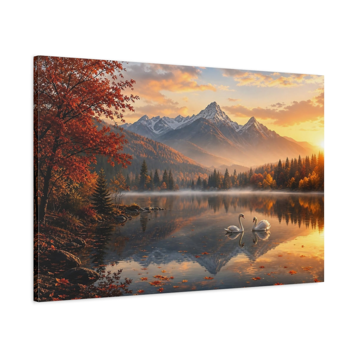 Main Mockup. Nature Swans Golden Autumn Lake shown as stretched canvas wall art