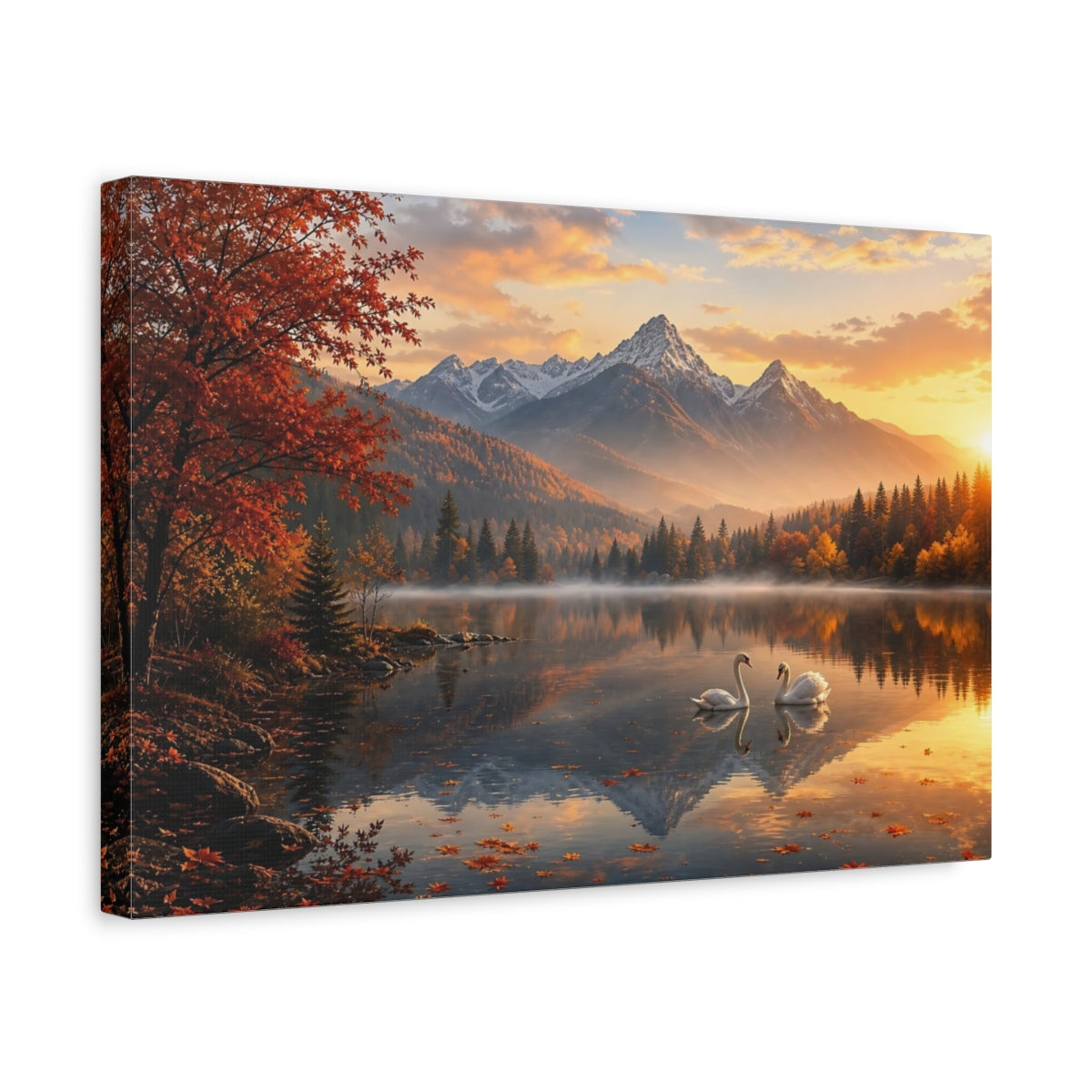 Side Mockup 4. Nature Swans Golden Autumn Lake shown as stretched canvas wall art
