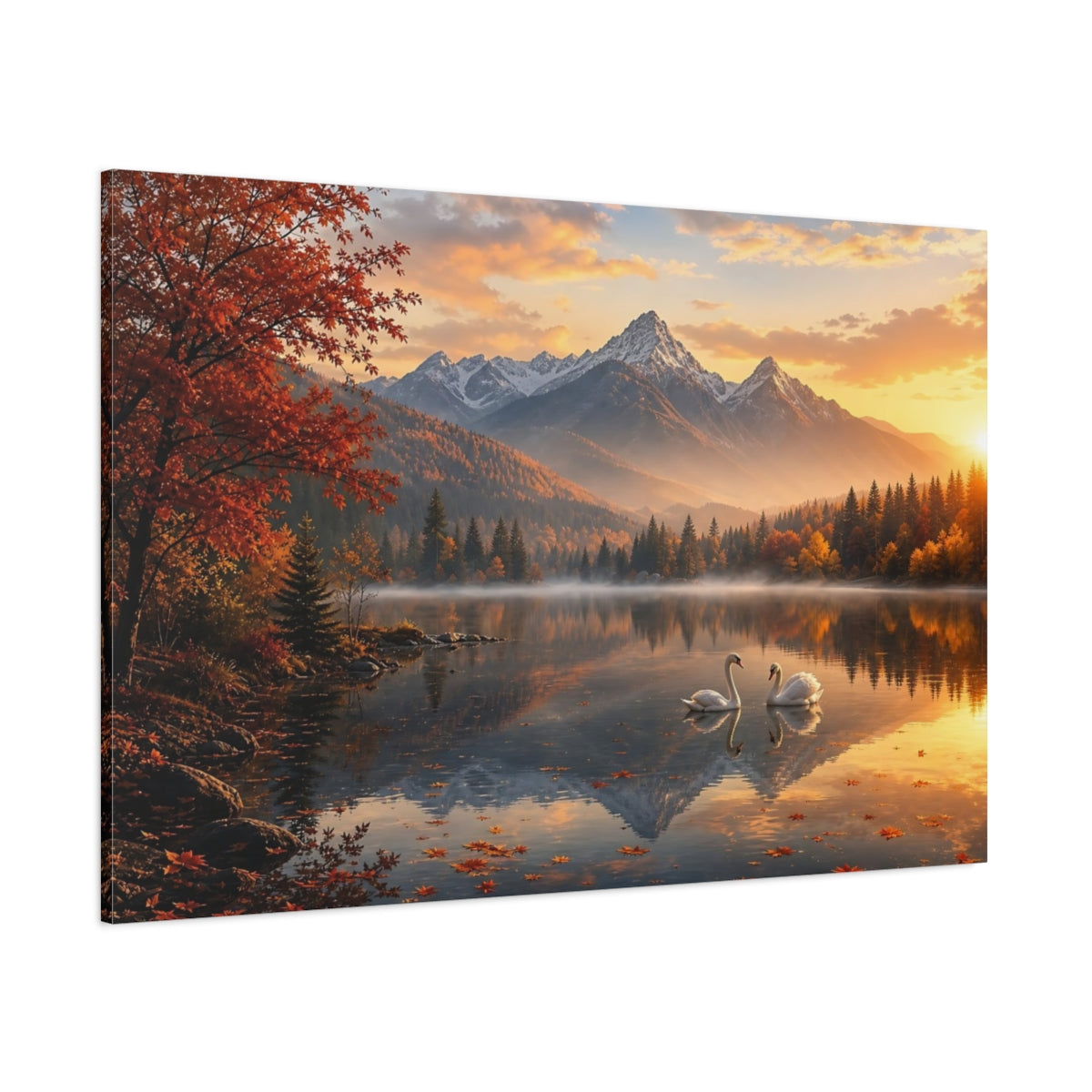 Side Mockup 1. Nature Swans Golden Autumn Lake shown as stretched canvas wall art