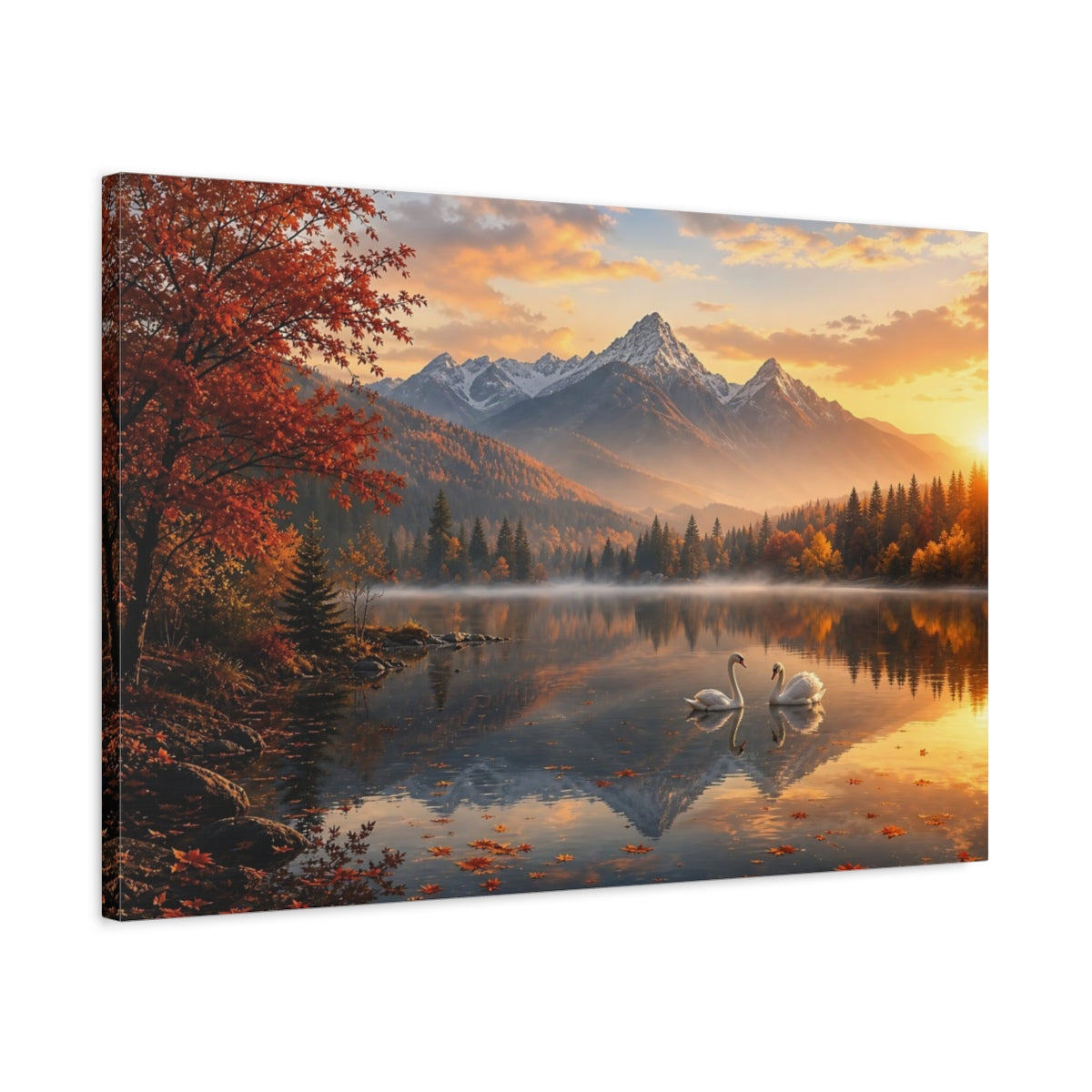 Side Mockup 2. Nature Swans Golden Autumn Lake shown as stretched canvas wall art
