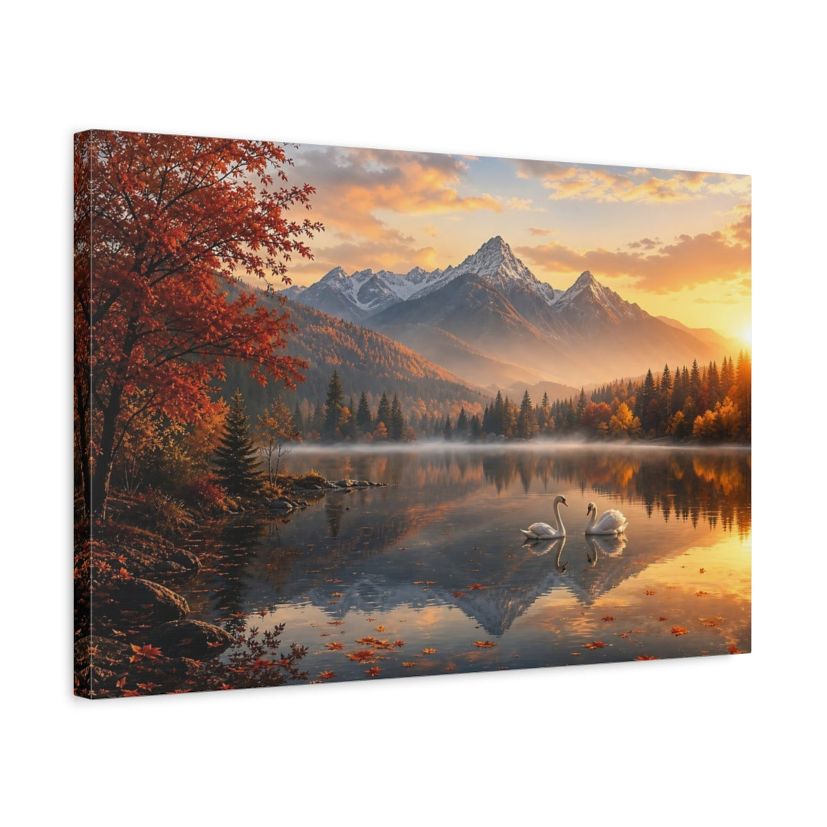 Side Mockup 3. Nature Swans Golden Autumn Lake shown as stretched canvas wall art