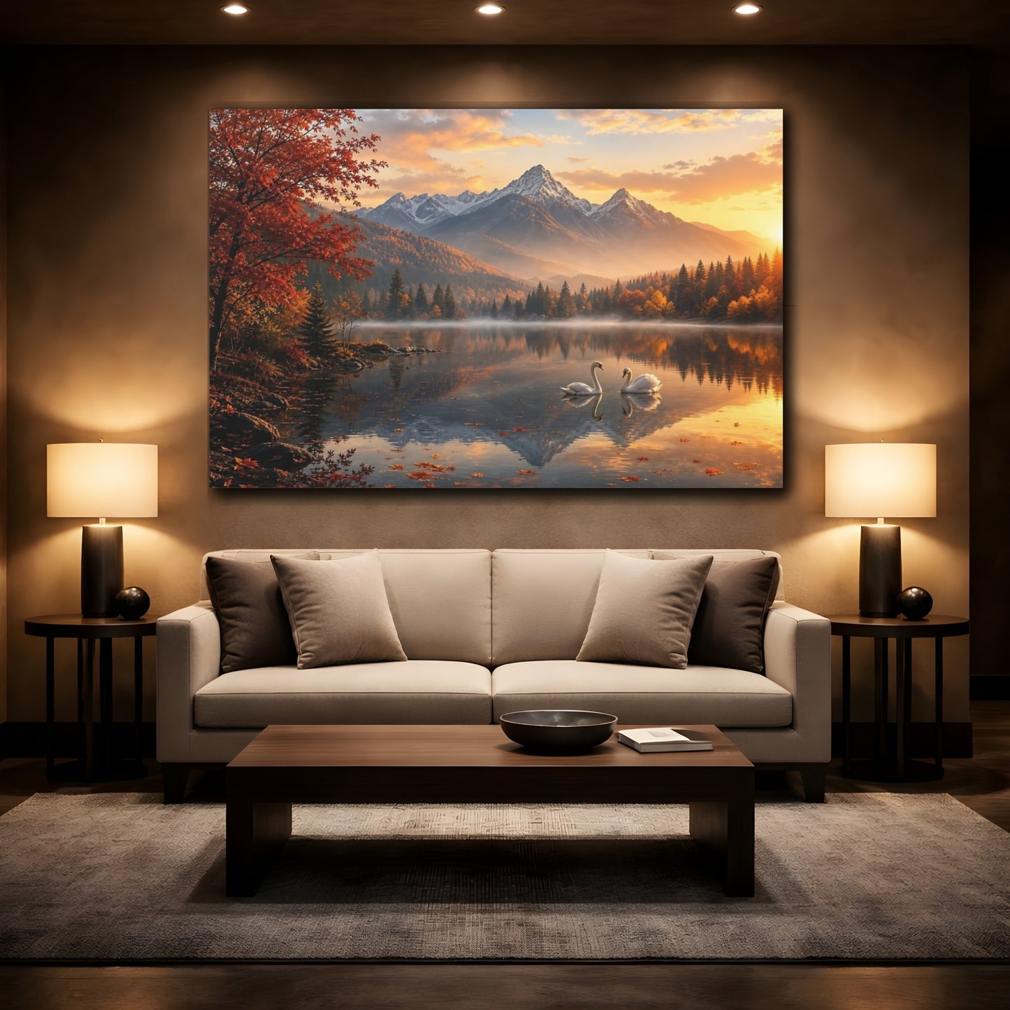 Mockup 2. Nature Swans Golden Autumn Lake shown as stretched canvas wall art