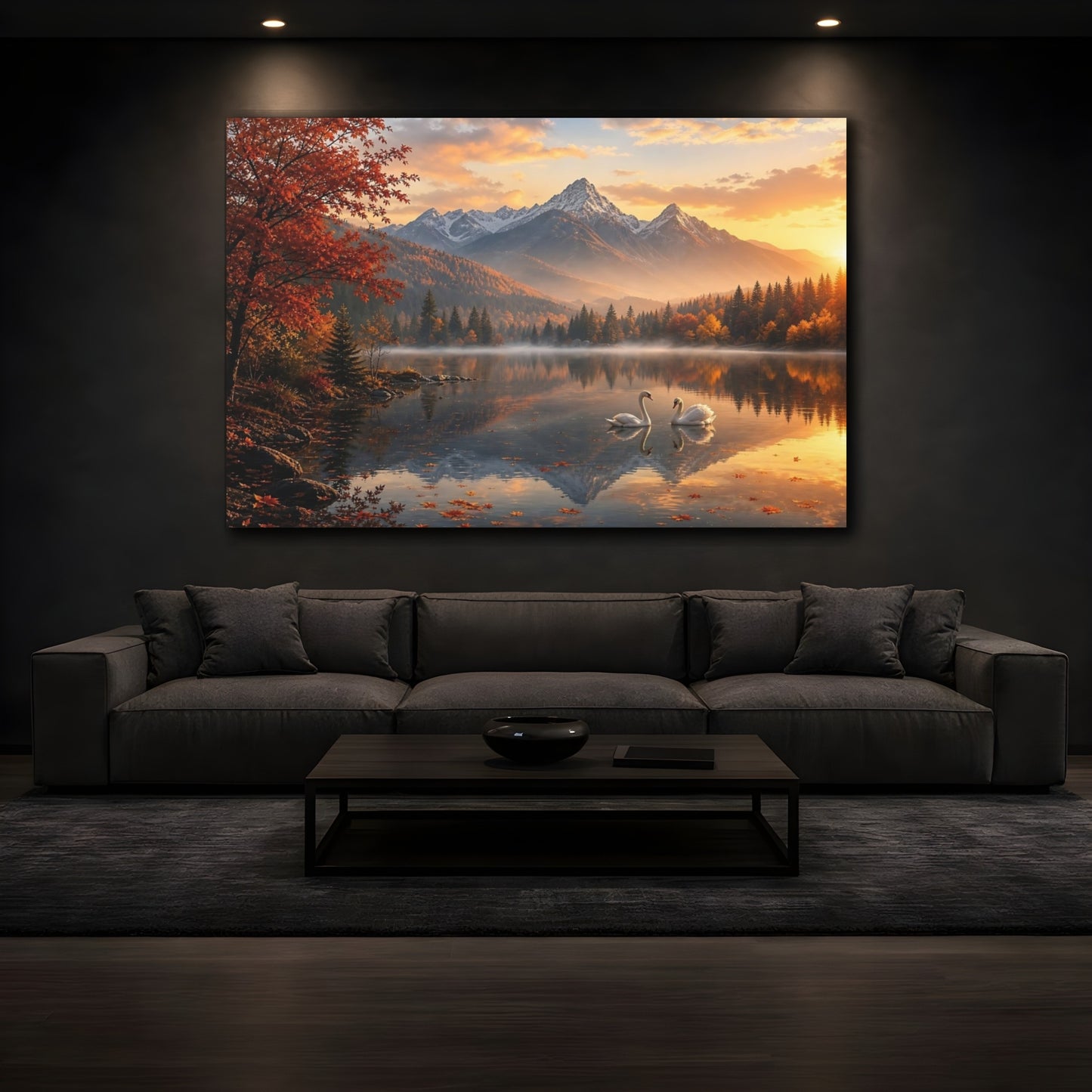 Mockup 3. Nature Swans Golden Autumn Lake shown as stretched canvas wall art