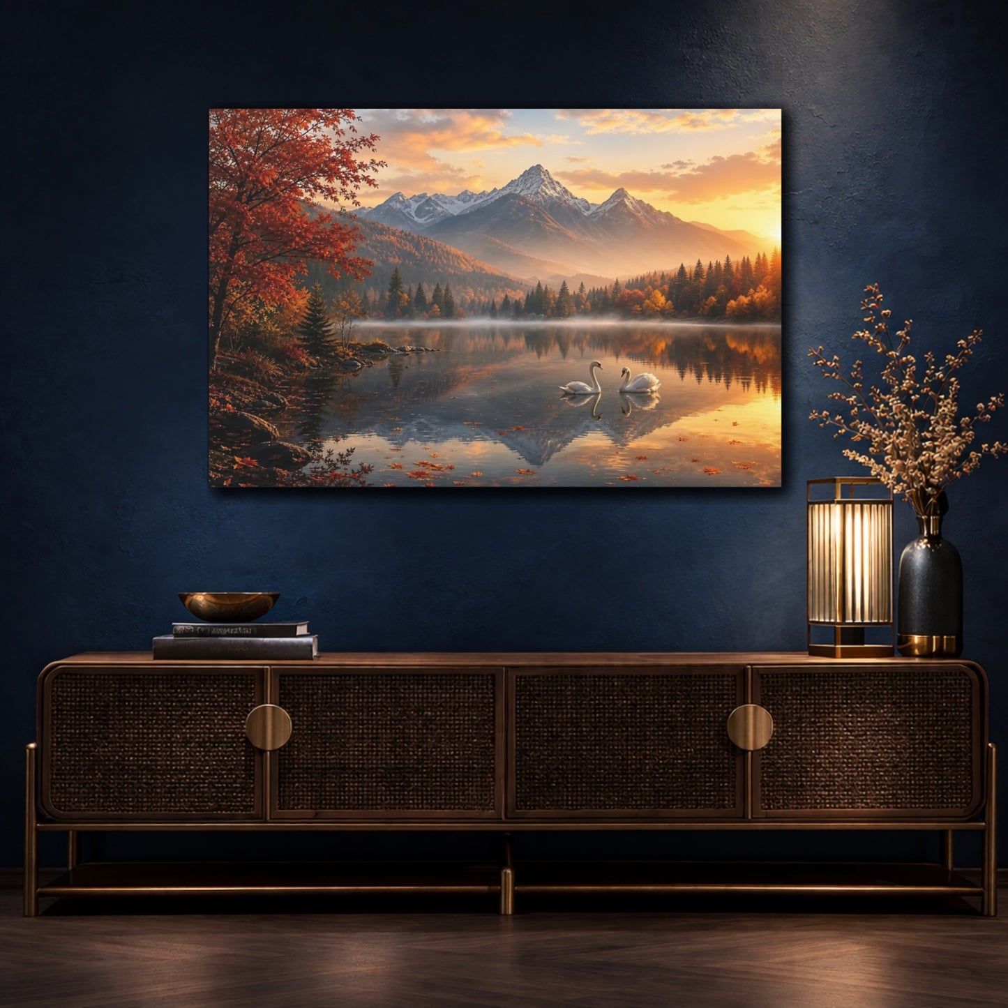Mockup 4. Nature Swans Golden Autumn Lake shown as stretched canvas wall art