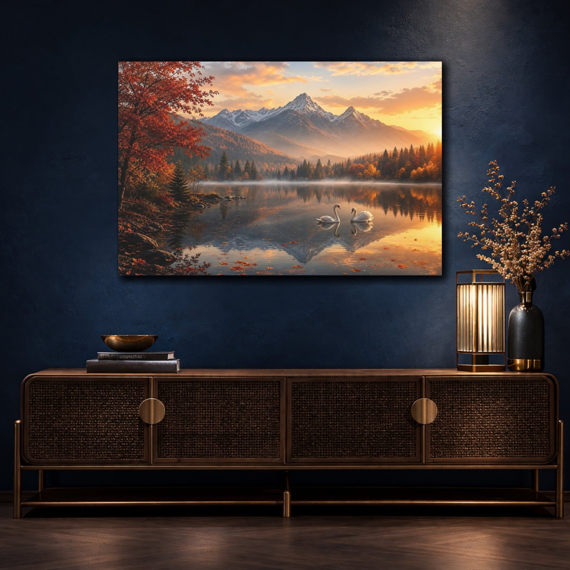 Mockup 4. Nature Swans Golden Autumn Lake shown as stretched canvas wall art