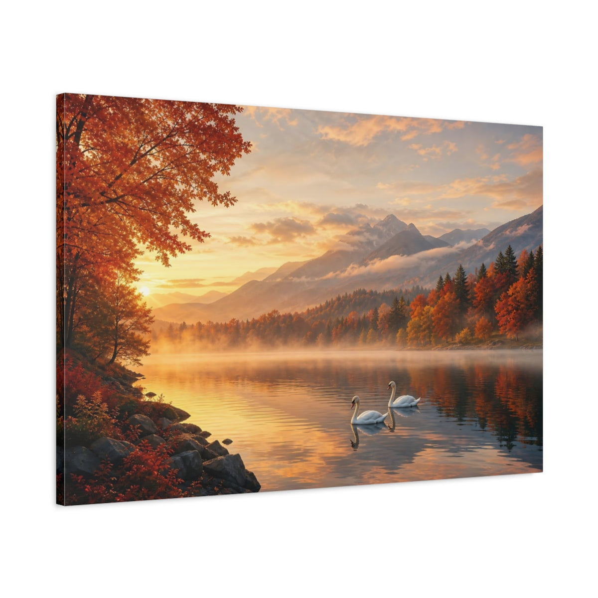 Main Mockup. Nature Swans Golden Autumn Landscape shown as stretched canvas wall art