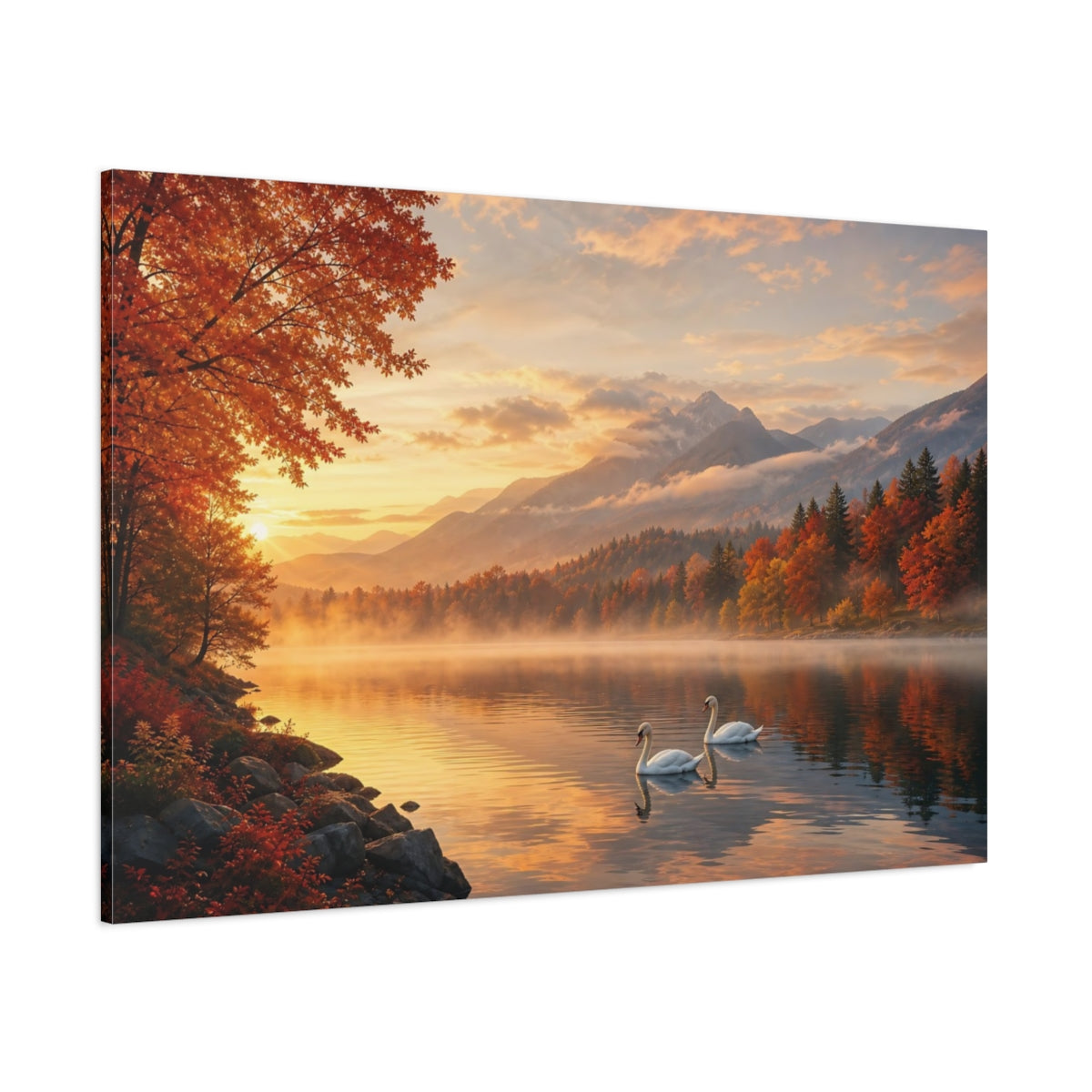 Side Mockup 1. Nature Swans Golden Autumn Landscape shown as stretched canvas wall art