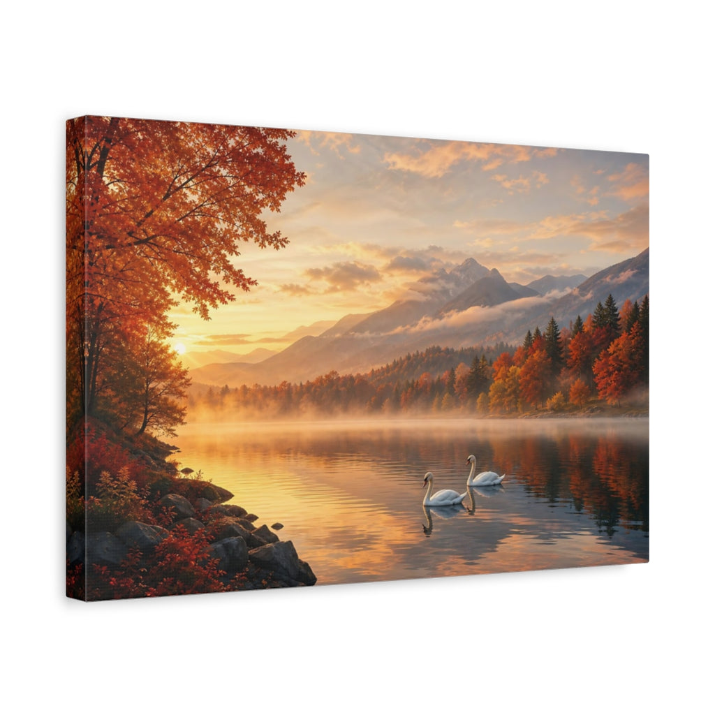 Side Mockup 4. Nature Swans Golden Autumn Landscape shown as stretched canvas wall art