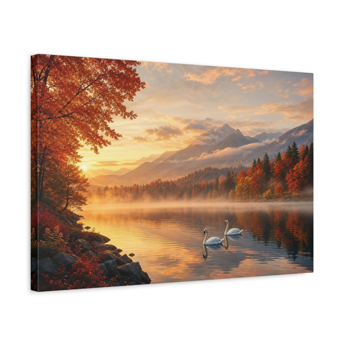 Side Mockup 3. Nature Swans Golden Autumn Landscape shown as stretched canvas wall art