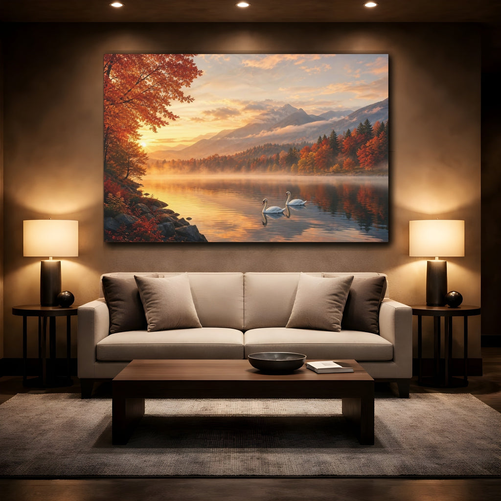 Mockup 2. Nature Swans Golden Autumn Landscape shown as stretched canvas wall art