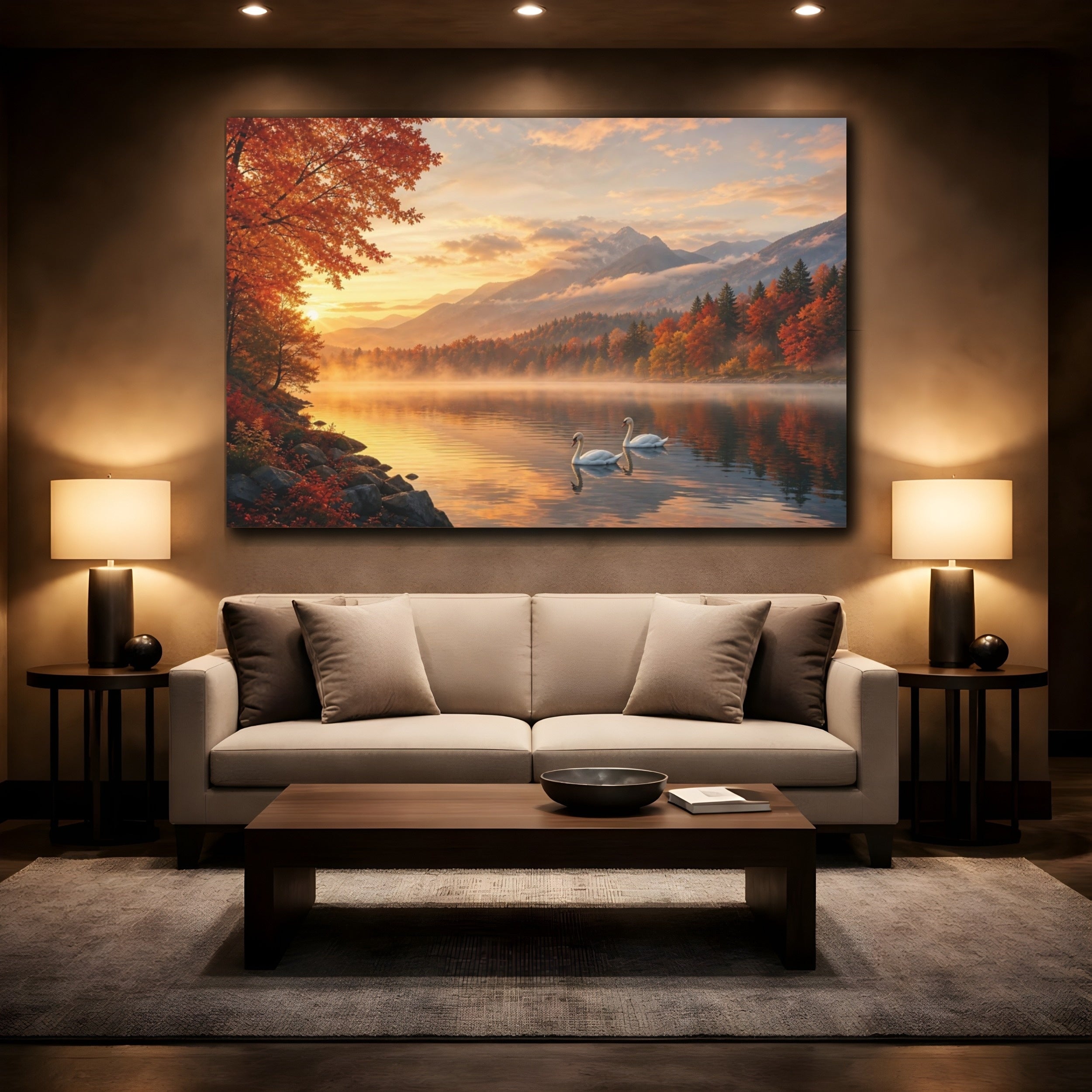 Mockup 2. Nature Swans Golden Autumn Landscape shown as stretched canvas wall art