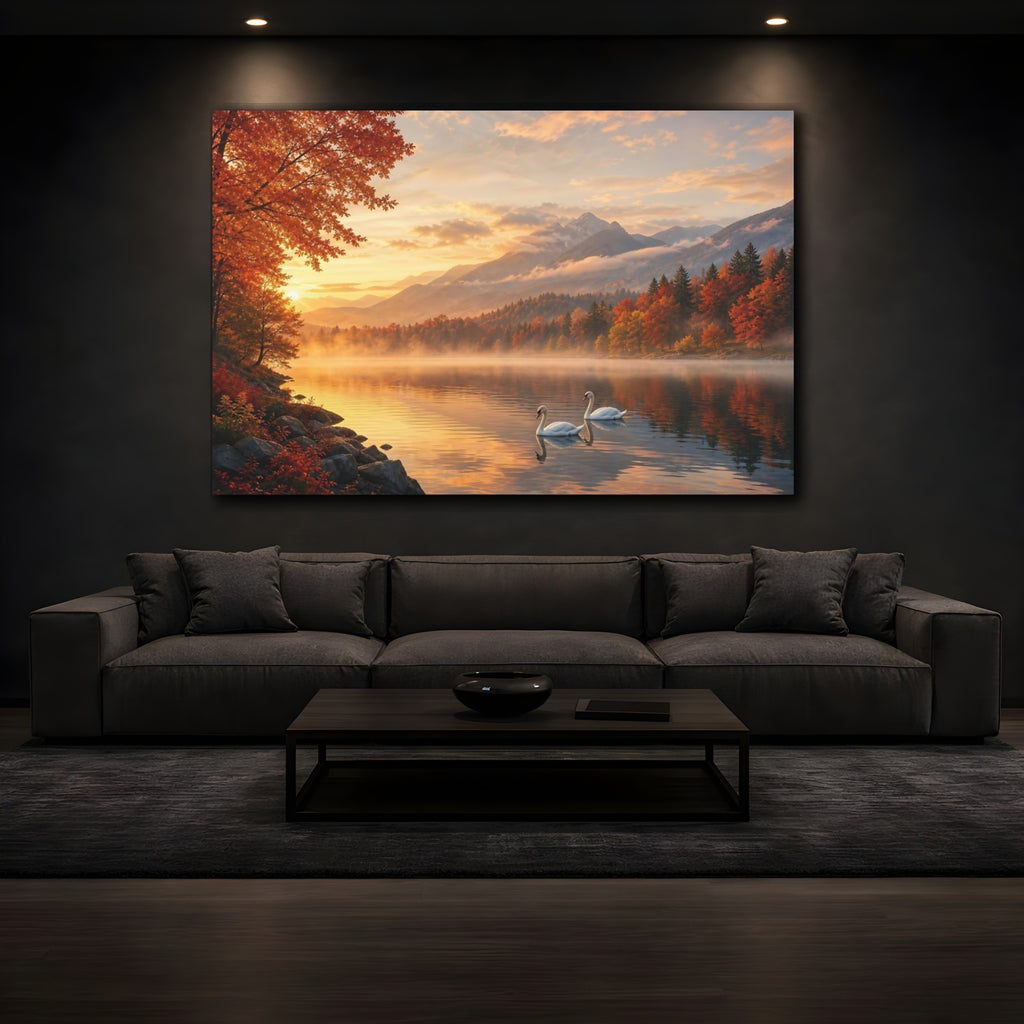 Mockup 3. Nature Swans Golden Autumn Landscape shown as stretched canvas wall art