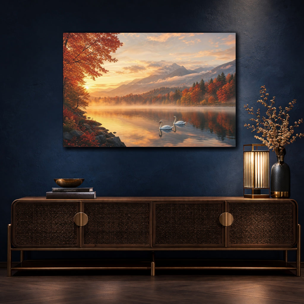 Mockup 4. Nature Swans Golden Autumn Landscape shown as stretched canvas wall art