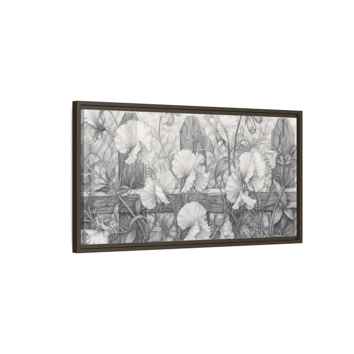 Main Mockup. Nature Sweet Peas Monochrome Floral shown as stretched canvas wall art