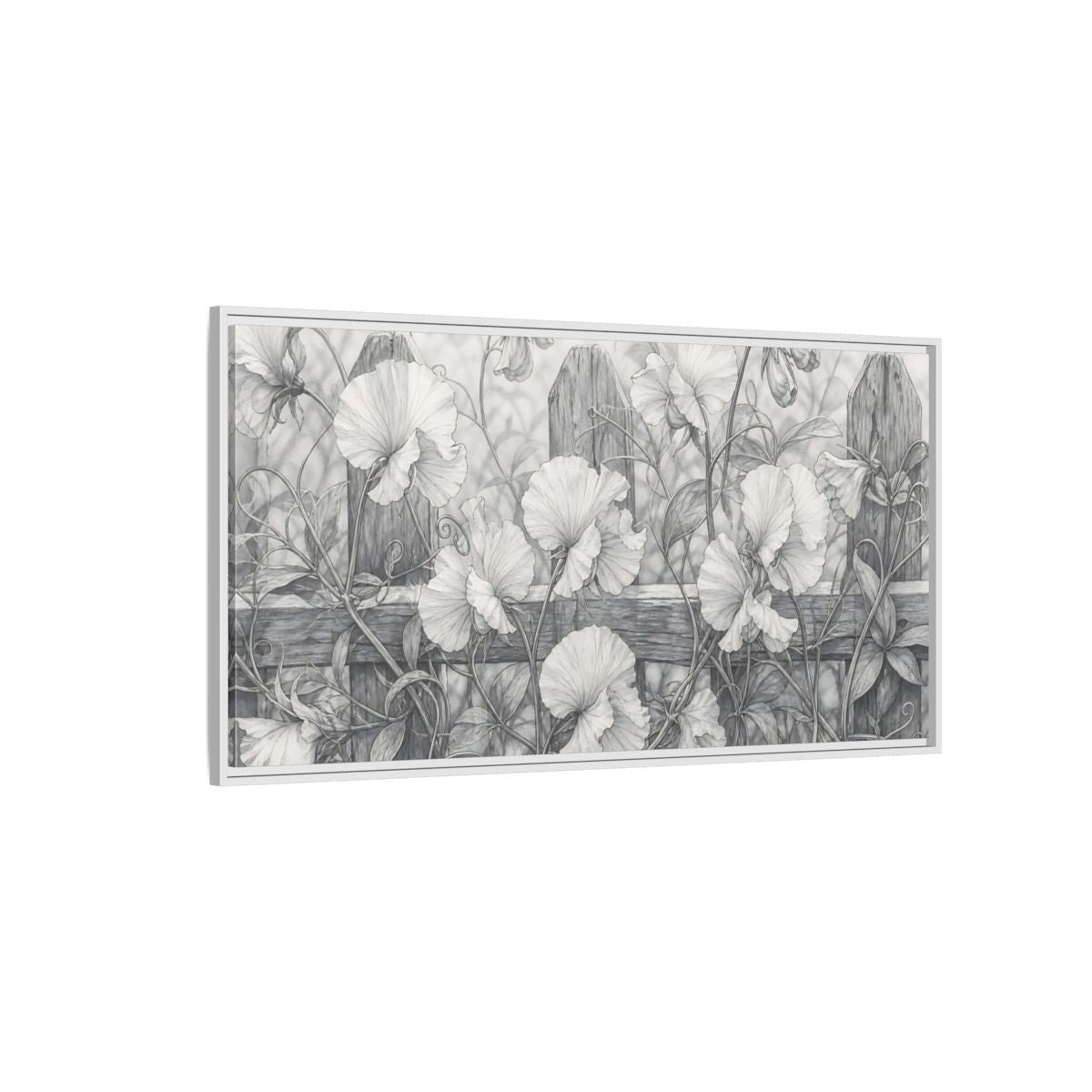 Side Mockup 3. Nature Sweet Peas Monochrome Floral shown as stretched canvas wall art