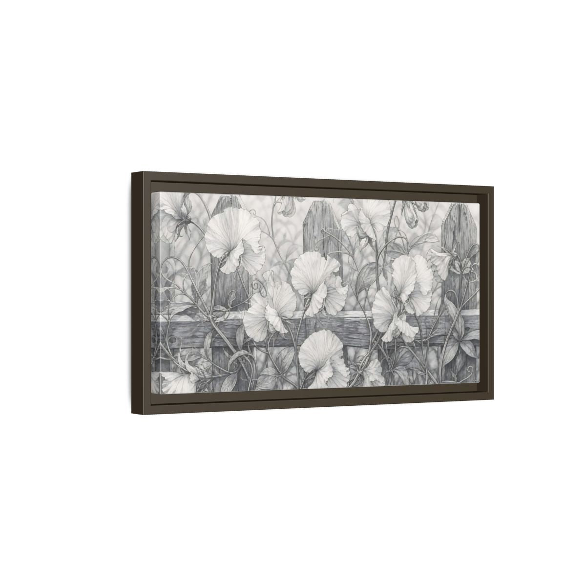 Side Mockup 7. Nature Sweet Peas Monochrome Floral shown as stretched canvas wall art