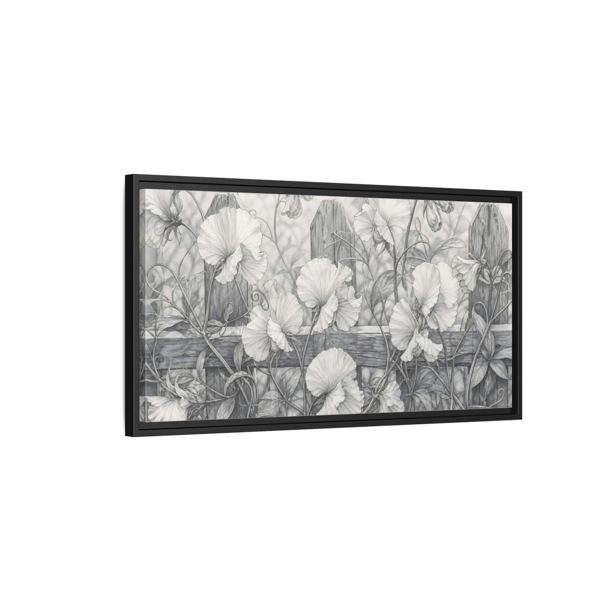 Side Mockup 2. Nature Sweet Peas Monochrome Floral shown as stretched canvas wall art