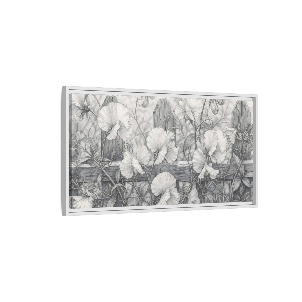 Side Mockup 1. Nature Sweet Peas Monochrome Floral shown as stretched canvas wall art