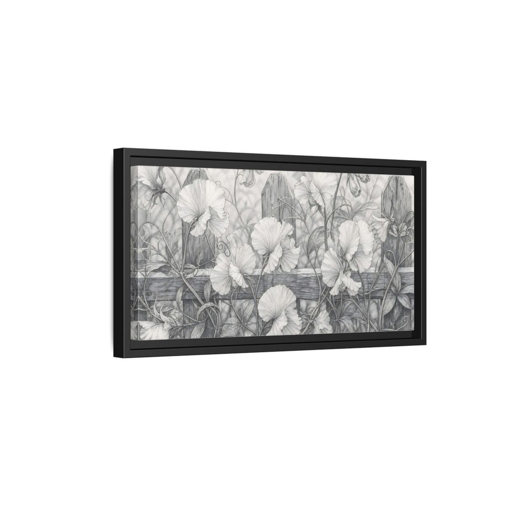 Side Mockup 8. Nature Sweet Peas Monochrome Floral shown as stretched canvas wall art