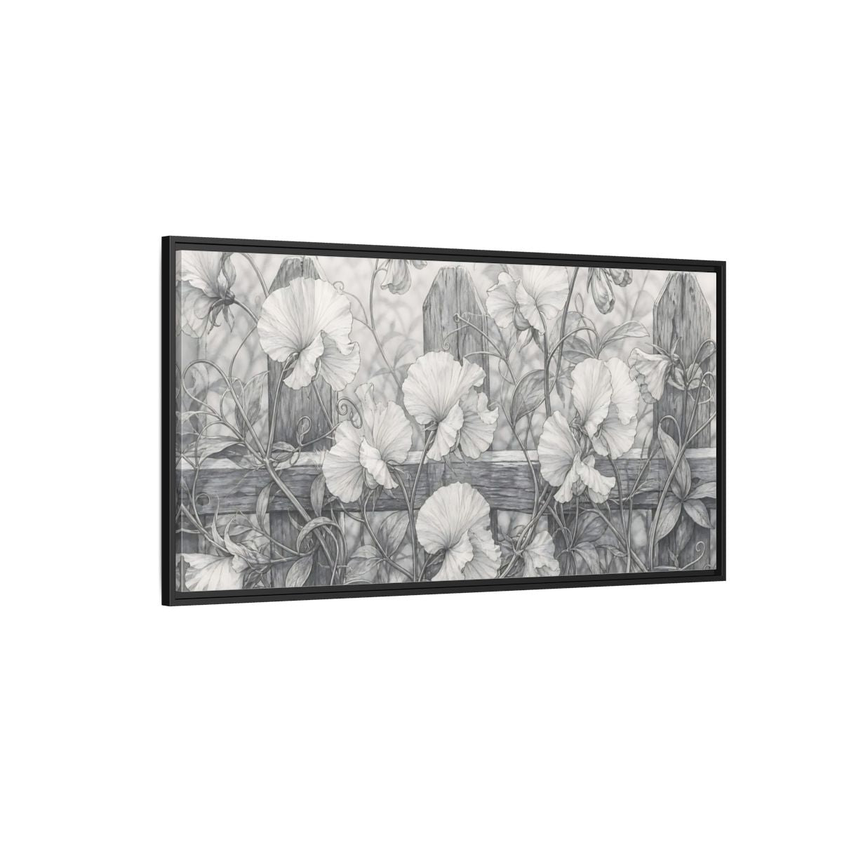 Side Mockup 5. Nature Sweet Peas Monochrome Floral shown as stretched canvas wall art