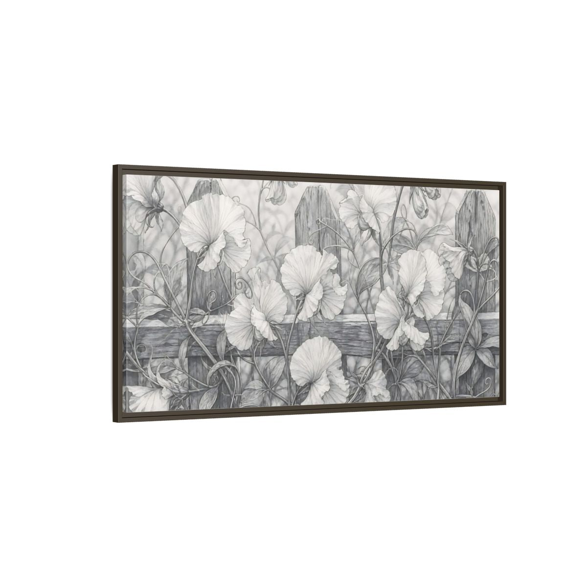 Side Mockup 4. Nature Sweet Peas Monochrome Floral shown as stretched canvas wall art