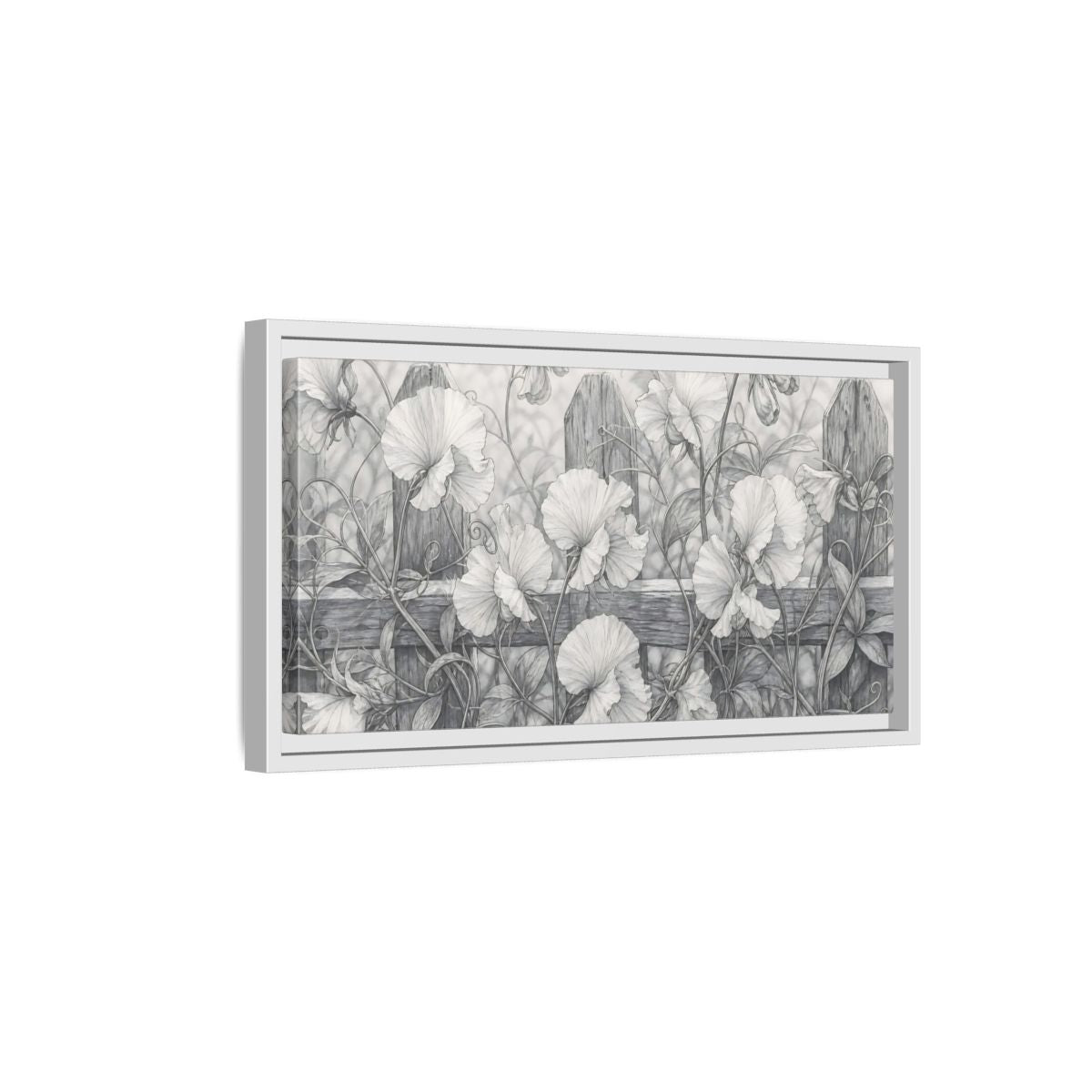 Side Mockup 6. Nature Sweet Peas Monochrome Floral shown as stretched canvas wall art