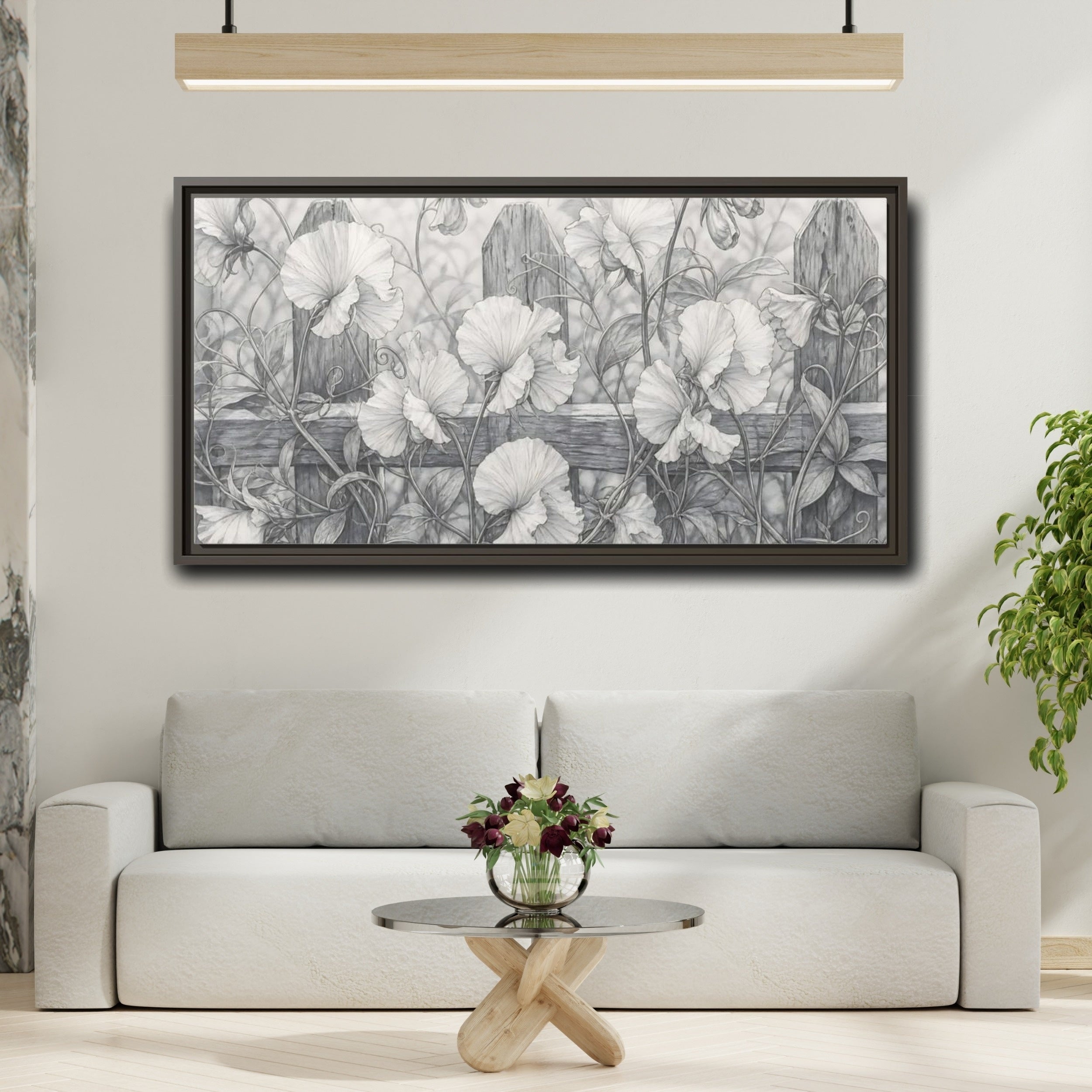 Mockup 2. Nature Sweet Peas Monochrome Floral shown as stretched canvas wall art
