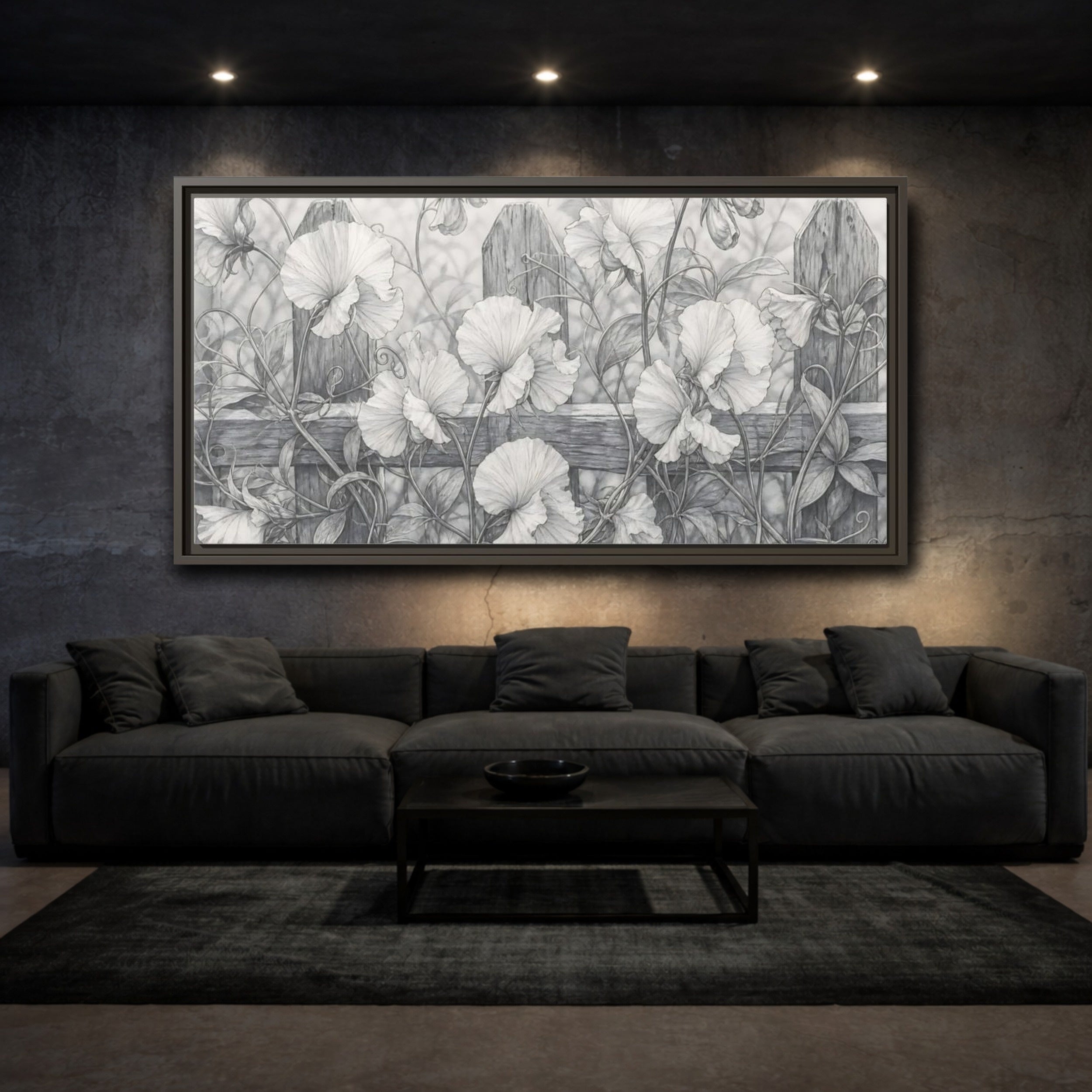 Mockup 3. Nature Sweet Peas Monochrome Floral shown as stretched canvas wall art